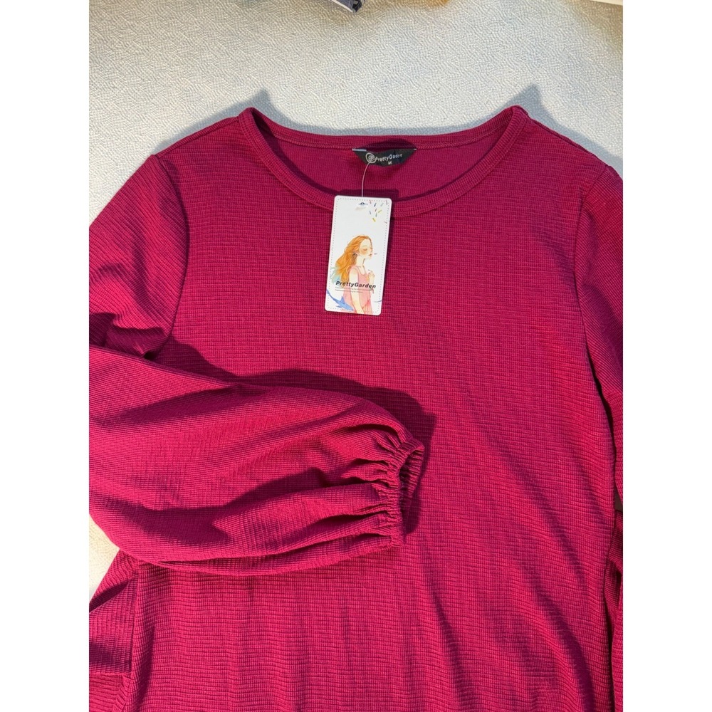 PrettyGarden Women Wine Red Waffle Knit Tie Back Long Sleeve Mini Dress Size M
